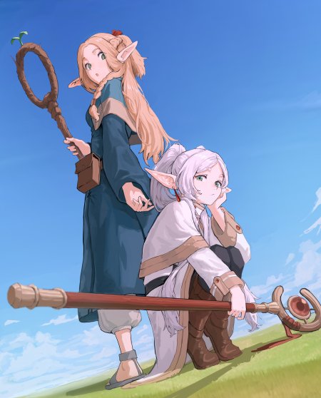 芙莉莲白发少女持杖草地动漫手机壁纸