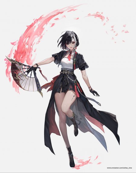 黑红短发扇舞御姐少女动漫手机壁纸