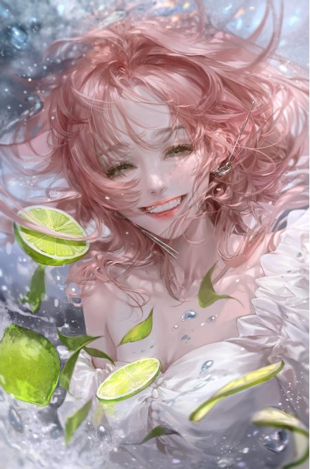 柠檬水花露肩白裙长发美女手绘手机壁纸