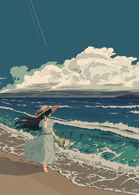 海边草帽持花背影少女动漫手机壁纸