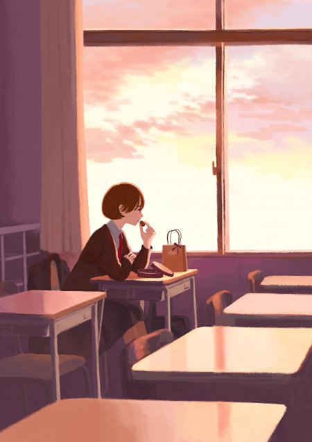 教室夕阳短发JK制服少女动漫手机壁纸