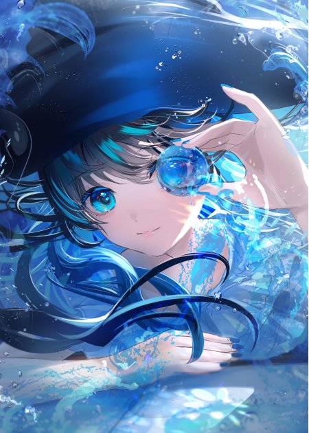 蓝发少女水中捧珠宽帽动漫手机壁纸