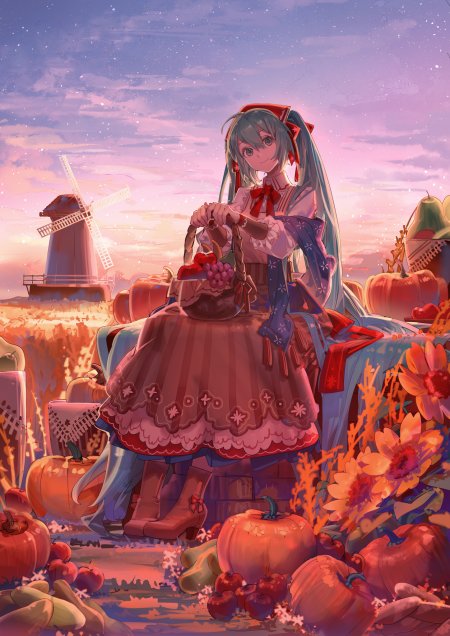 蓝发双马尾南瓜田园少女动漫手机壁纸