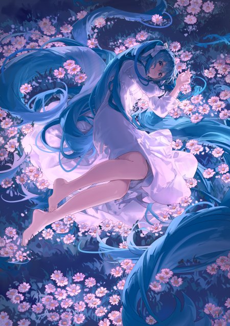 初音未来花田躺卧双马尾少女动漫手机壁纸