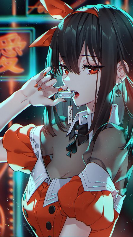 红瞳领结夜街含瓶少女动漫手机壁纸