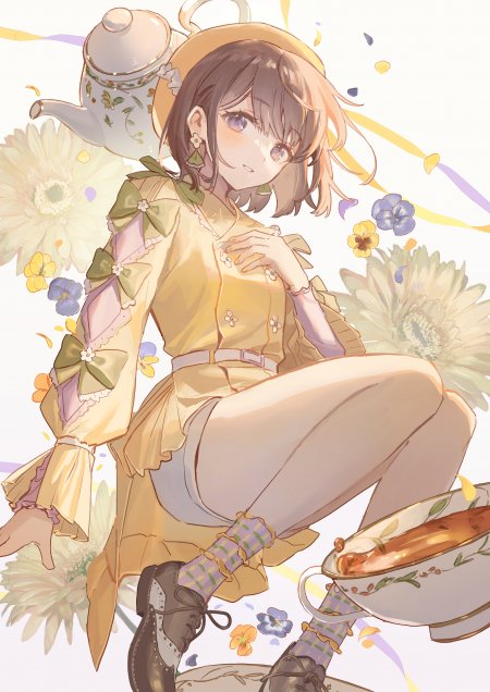 黄裙花间茶会短发少女动漫手机壁纸