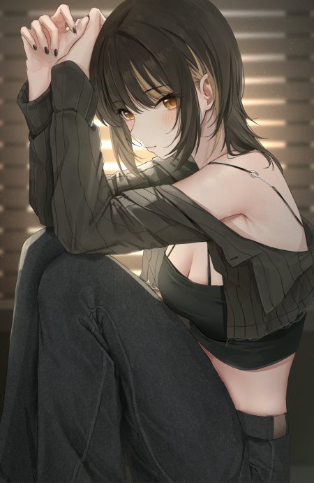 窗光露肩黑衣御姐少女动漫手机壁纸