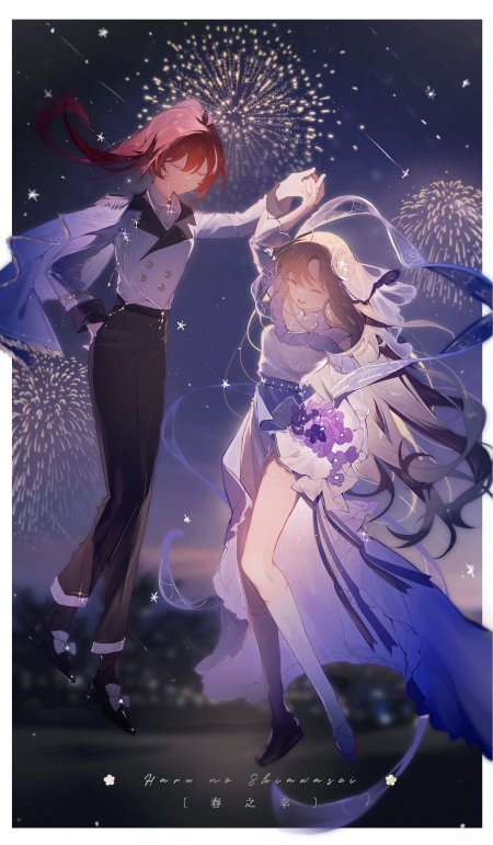烟花夜空闭眼长发少女动漫手机壁纸