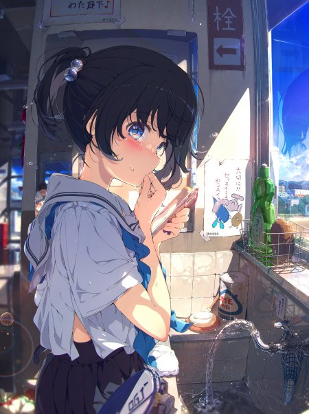 洗手台阳光JK制服少女动漫手机壁纸