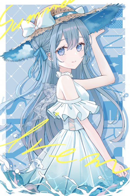 蓝发草帽水花白裙少女动漫手机壁纸