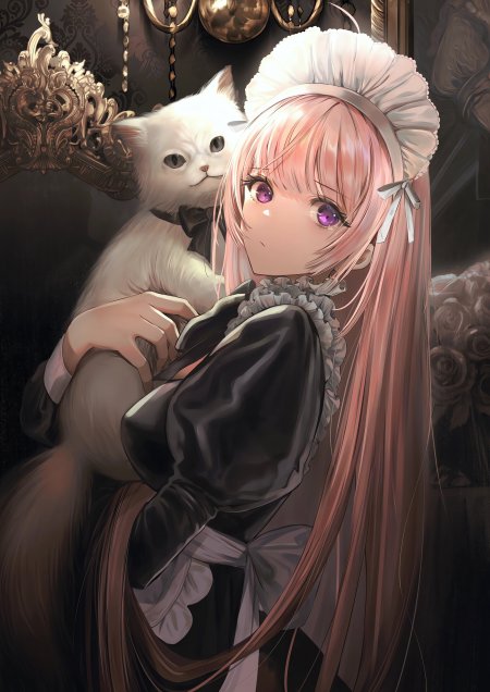 粉发紫瞳女仆抱猫少女动漫手机壁纸