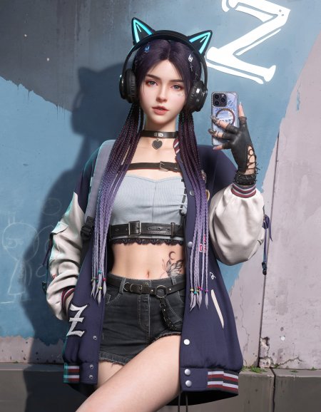 紫发猫耳女耳机涂鸦少女动漫手机壁纸