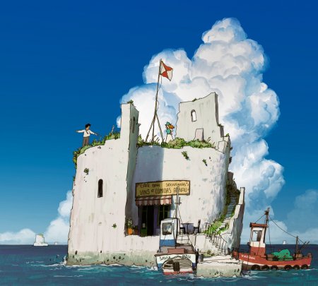 海边白塔咖啡馆积云渔船风景手机壁纸