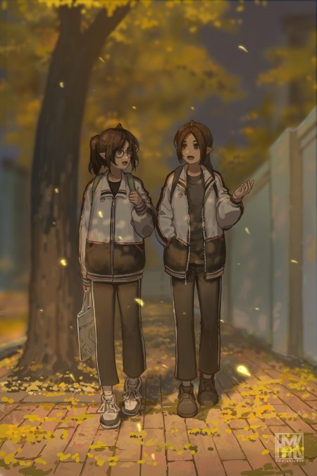 双人少女秋叶制服夜景动漫手机壁纸