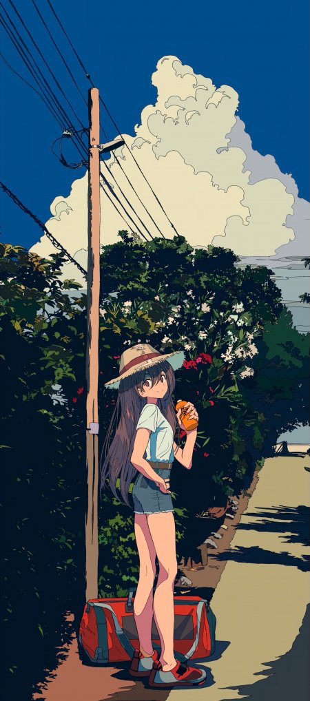 夏日草帽蓝天白云少女动漫手机壁纸