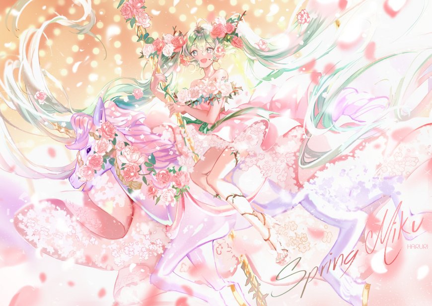 初音未来双马尾花瓣绿发二次元动漫电脑壁纸