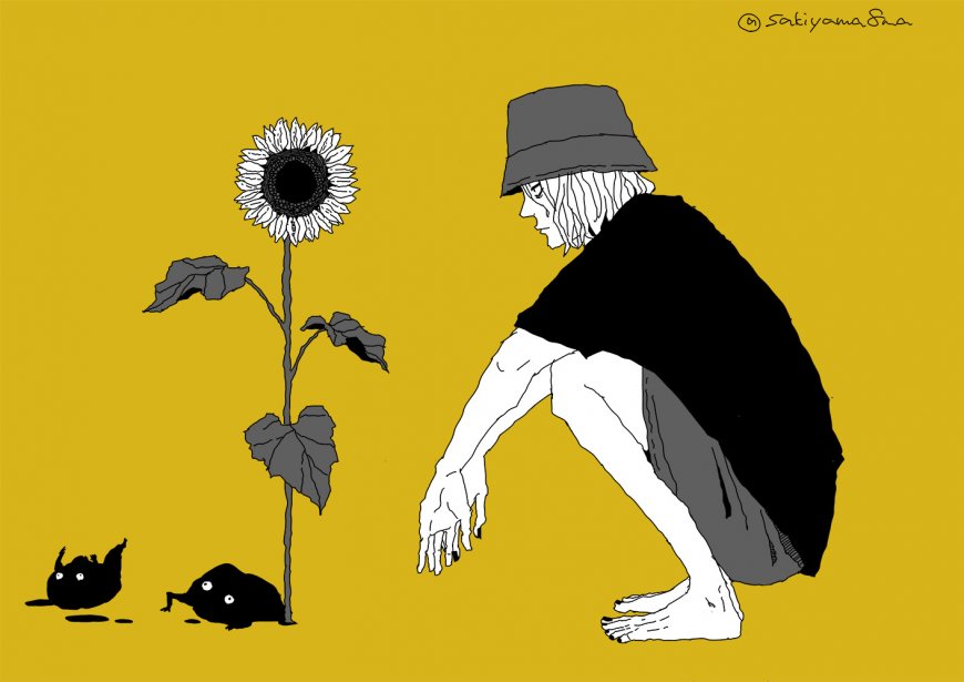 向日葵黄底蹲姿少年二次元动漫电脑壁纸