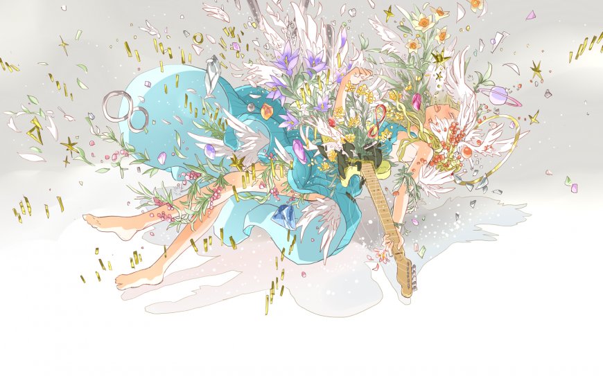 蓝裙少女吉他花海翅膀二次元动漫电脑壁纸