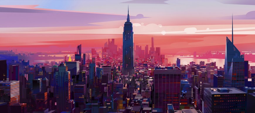 帝国大厦晚霞都市天际风景电脑壁纸