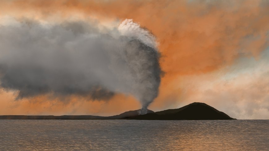 海岛火山喷发橙灰烟柱风景电脑壁纸