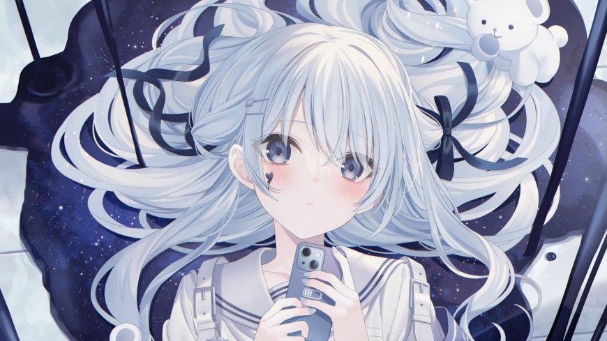 蓝发双马尾自拍JK制服少女二次元动漫电脑壁纸