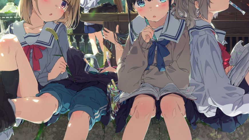 树荫JK制服三人课余少女二次元动漫电脑壁纸