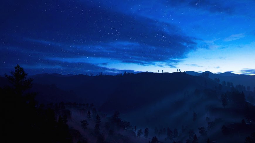星空山脊雾林暮蓝夜景风景电脑壁纸