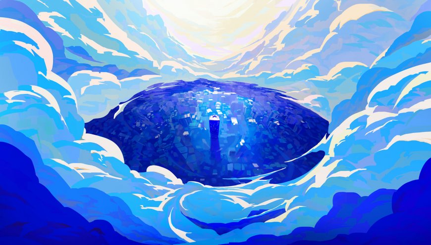 云海环抱夜城尖塔俯瞰科幻电脑壁纸