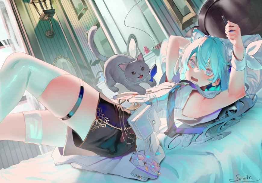 猫耳娘蓝发躺卧床上二次元动漫电脑壁纸