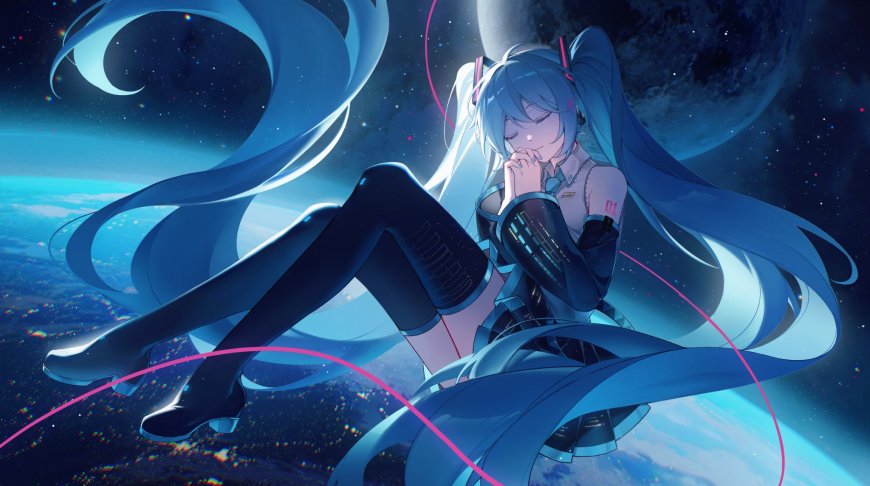 初音未来蓝发太空星球二次元动漫电脑壁纸