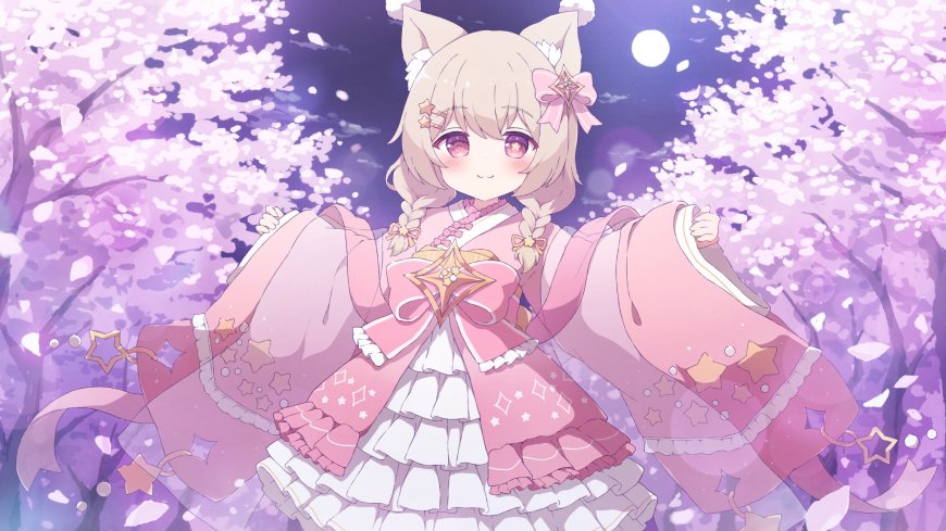猫耳娘洛丽塔月下樱花二次元动漫电脑壁纸
