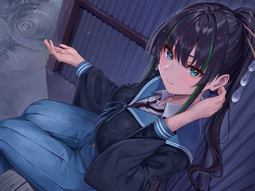 原创JK制服雨天屋檐绿发少女二次元动漫电脑壁纸