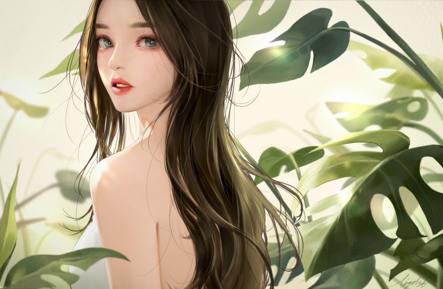 热带叶丛回眸长发少女动漫电脑壁纸