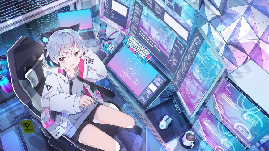 耳机双色发少女电脑桌前二次元动漫电脑壁纸