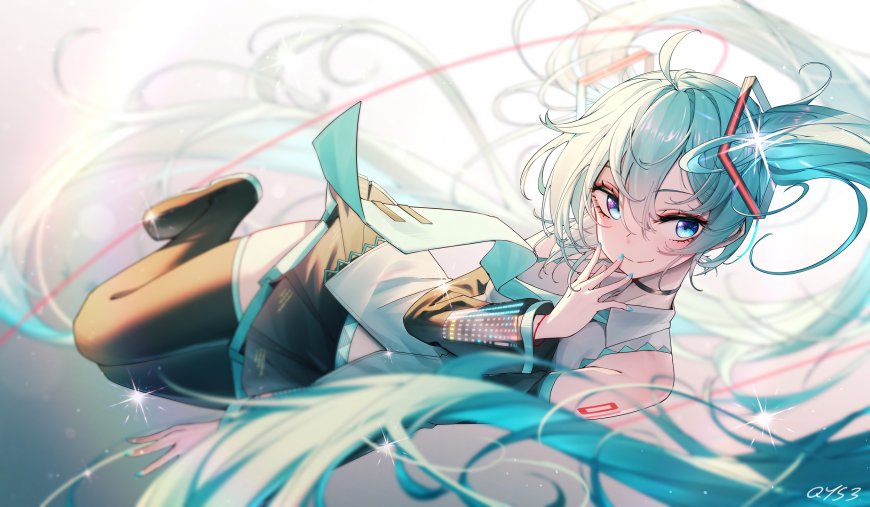 初音未来漂浮眨眼双马尾少女二次元动漫电脑壁纸