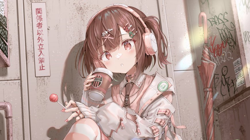 耳机少女棒棒糖咖啡二次元动漫电脑壁纸