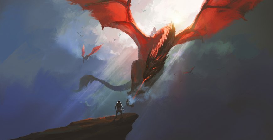 红龙俯冲悬崖骑士对峙奇幻创意电脑壁纸