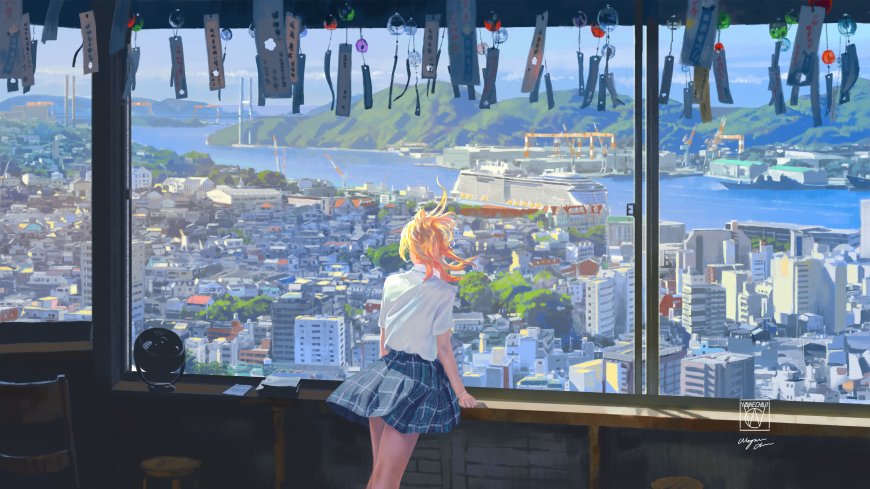 JK制服金发少女窗边海城二次元动漫少女电脑壁纸