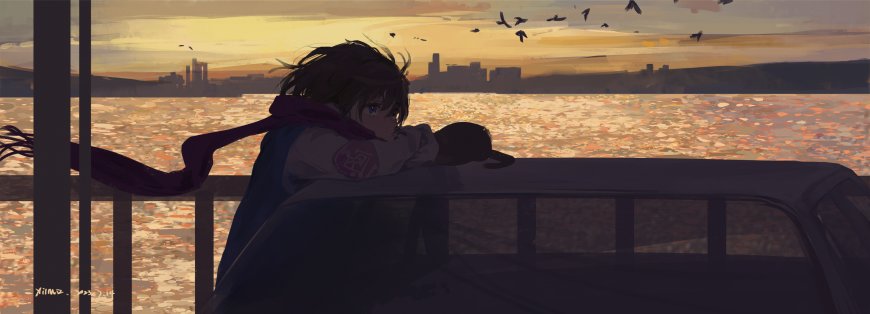 少女车顶红围巾黄昏二次元动漫电脑壁纸