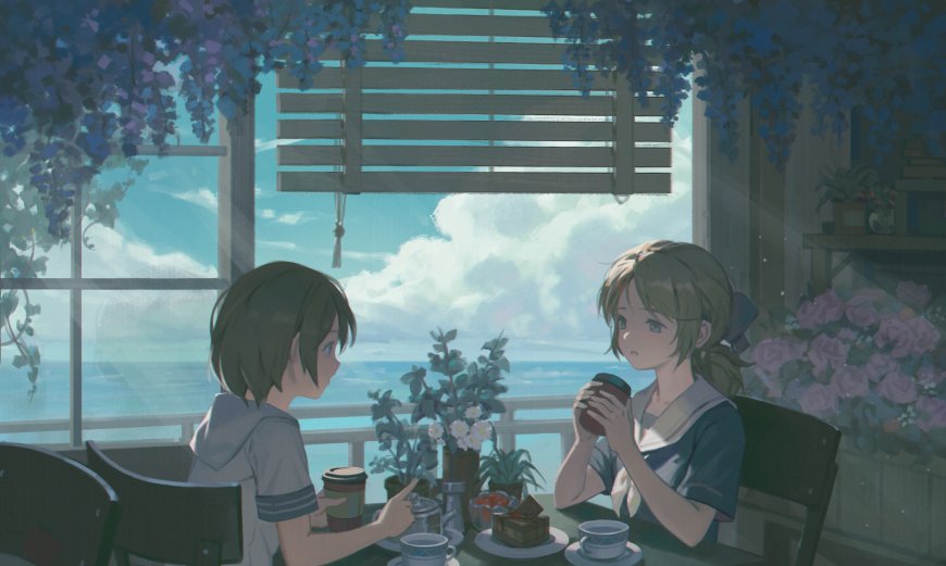 JK制服双少女海边阳台茶会二次元动漫电脑壁纸