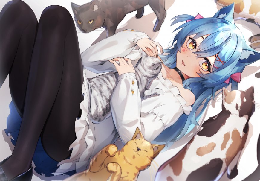 蓝发猫耳娘躺卧清纯少女二次元动漫电脑壁纸