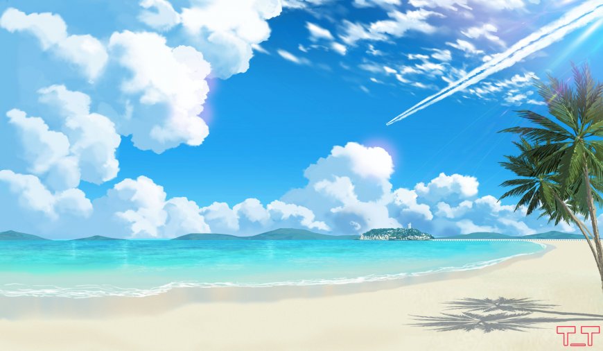 夏日椰影白沙碧海远岛二次元风景电脑壁纸