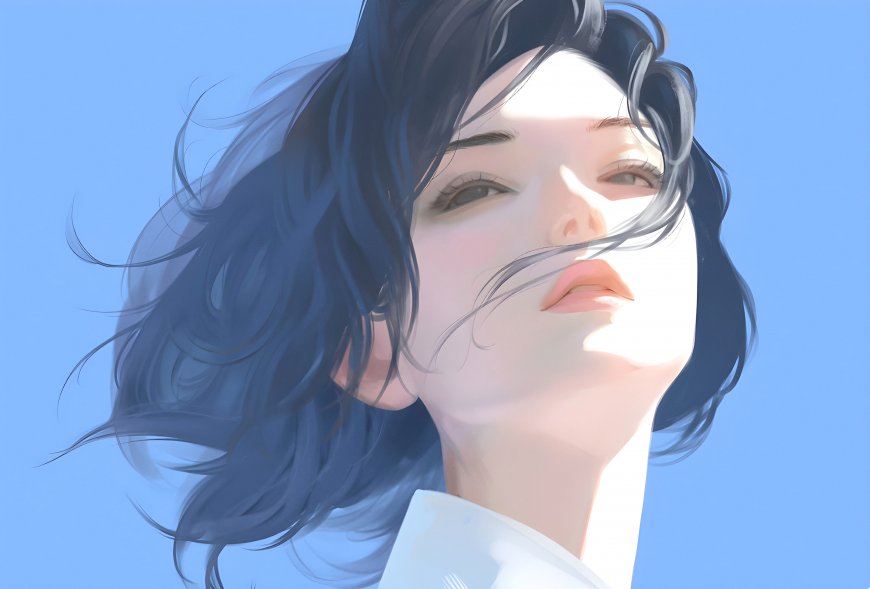 短发清纯仰望蓝天侧颜绘画少女电脑壁纸