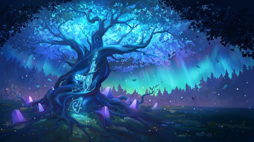 极光魔树符文紫晶夜景二次元动漫电脑壁纸