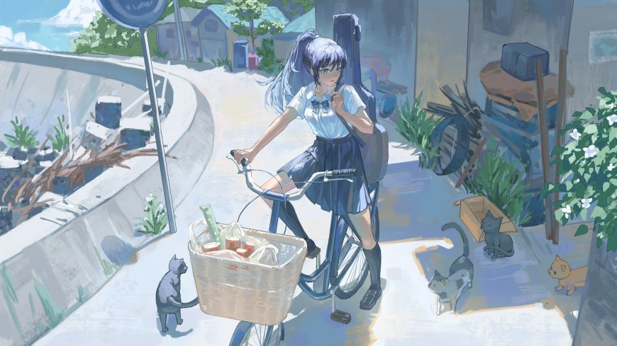 蓝发JK制服骑车背吉他少女二次元动漫电脑壁纸