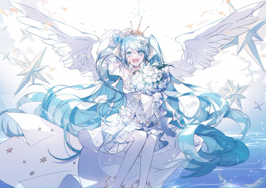 初音未来天使花束双马尾少女二次元动漫电脑壁纸