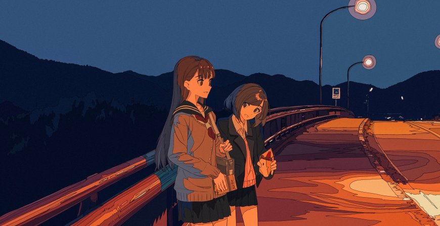 夜桥路灯JK制服双人步行少女二次元动漫电脑壁纸