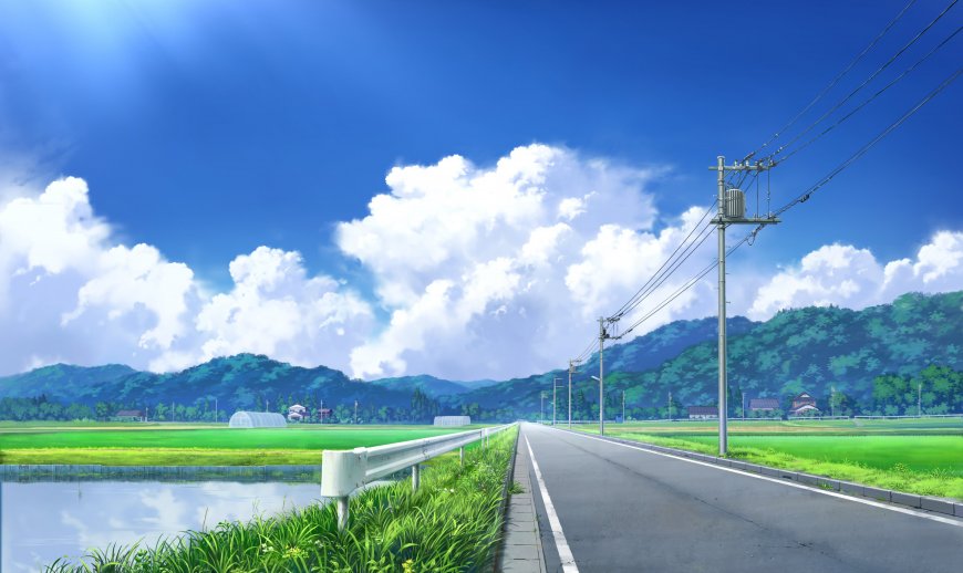 夏日乡间公路稻田云空二次元风景电脑壁纸