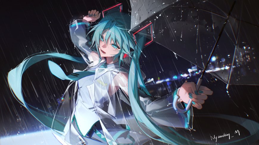 初音未来雨夜透明伞双马尾二次元动漫电脑壁纸