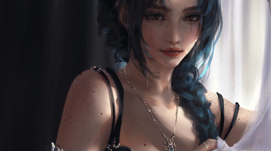 蓝发辫子侧脸清纯手绘少女动漫电脑壁纸